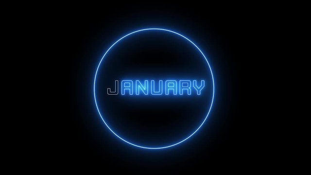 Neon text of "JANUARY". Month of December, glowing neon led light. 