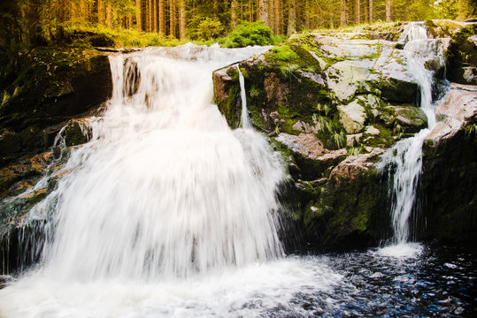 Beautiful river Elbe waterfalls (Labe, Labske vodopady). Summer landscape in Spindleruv Mlyn village in Krkonose (Giant Mountains National Park), the most visited winter ski resort in Czech Republic.