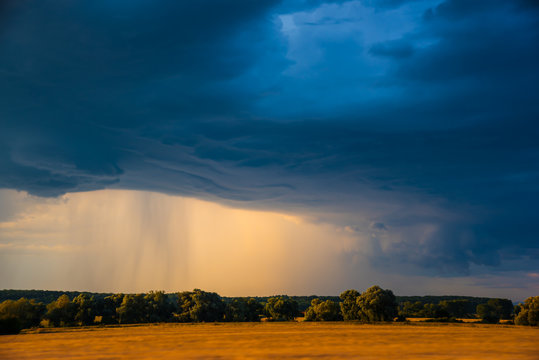 Beautiful landscape background with dark blue clouds and visible raining through warm orange sun light. Thunderstorms and heavy rains come from summer hot weather.