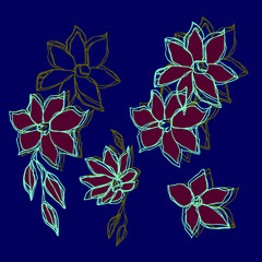Set of hand-drawn vector contour flowers on a blue background. illustration suitable for printing on fabric