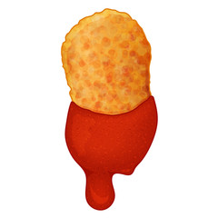 tasty chicken nugget with ketchup on white background. Cartoon style. Vector illustration. Isolated on white. Object for packaging, advertisements, menu.