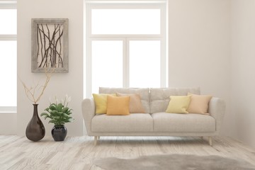 Stylish room in white color with sofa. Scandinavian interior design. 3D illustration