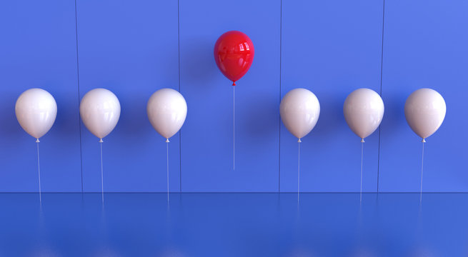 Red ballon stand out from the crowd white balloons on blue background. 3d rendering
