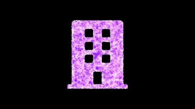 Symbol building shimmers in three colors: Purple, Green, Pink. In - Out loop. Alpha channel Premultiplied - Matted with color black