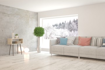 Stylish room in white color with sofa and winter landscape in window. Scandinavian interior design. 3D illustration