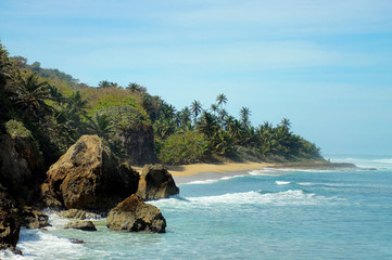 Tropical pristine beaches with powerful barreling waves and surf