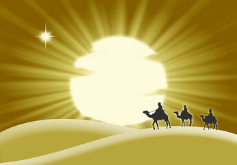 Reyes Magos, sol, desierto, estrella, fondo para escribir texto, ilustración.