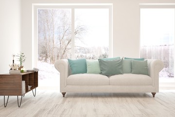 Stylish room in white color with sofa and winter landscape in window. Scandinavian interior design. 3D illustration