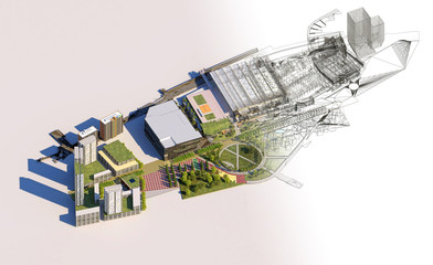 3d plan of an urban block, city architecture, engineering design, BIM, 3d rendering, 3d illustration