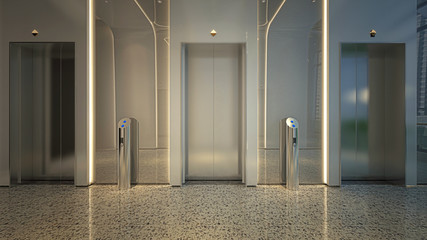 Modern corridor with elevators and led lights, without people, empty commercial building, 3d rendering, 3d illustration © LaCozza