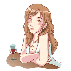 vector illustration of a sexy woman face of smiling, resting at the bar and have drinking at the counter