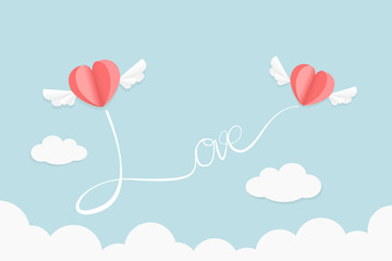 Fototapeta na wymiar Valentine illustration of paper airplane flying in the sky with a heart