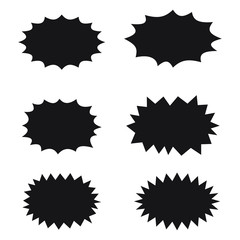 Splash star icon set in flat style. Set of explosion background for a surprising and shocking moment with sample texts.