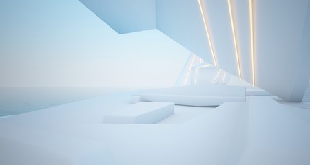 Fototapeta premium Abstract architectural white interior of a modern villa on the sea with swimming pool and neon lighting. 3D illustration and rendering.