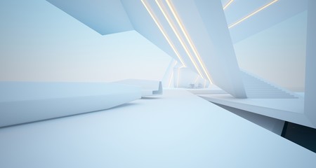 Abstract architectural white interior of a modern villa on the sea with swimming pool and neon lighting. 3D illustration and rendering.