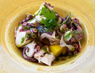 Octopus dish on a yellow plate