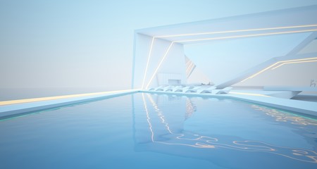 Abstract architectural white interior of a modern villa on the sea with swimming pool and neon lighting. 3D illustration and rendering.