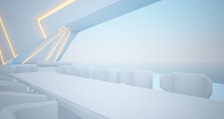 Fototapeta premium Abstract architectural white interior of a modern villa on the sea with swimming pool and neon lighting. 3D illustration and rendering.