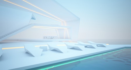 Abstract architectural white interior of a modern villa on the sea with swimming pool and neon lighting. 3D illustration and rendering.