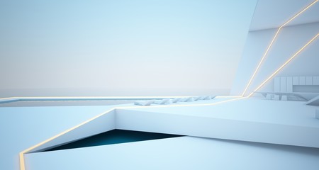 Fototapeta premium Abstract architectural white interior of a modern villa on the sea with swimming pool and neon lighting. 3D illustration and rendering.