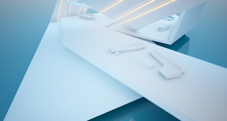 Abstract architectural white interior of a modern villa on the sea with swimming pool and neon lighting. 3D illustration and rendering.