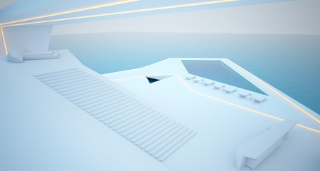 Fototapeta na wymiar Abstract architectural white interior of a modern villa on the sea with swimming pool and neon lighting. 3D illustration and rendering.