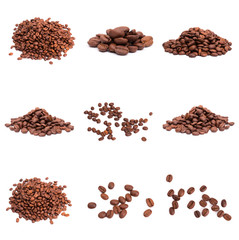 collage of Coffee beans isolated on a white background area for copy space.