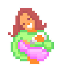 Happy mother holding and feeding a baby with a milk bottle, pixel art character isolated on white. Woman carrying a little child, 8 bit icon. Old school vintage retro slot machine/video game graphics.