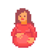 Pregnant woman in a red shirt touching her big belly, pixel art character isolated on white background. Girl expecting a baby, 8 bit icon. Old school vintage retro slot machine/video game graphics.