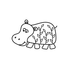 Cute baby hippo and Floral pattern. Coloring book for children, isolated on white background. Hand drawn