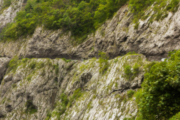 Views of road trough tunnels, canyons, mountains and forests in the Durmitor nature park, Montenegro