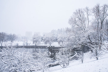 Snow pours in a winter city park with snow-white trees and a lake.