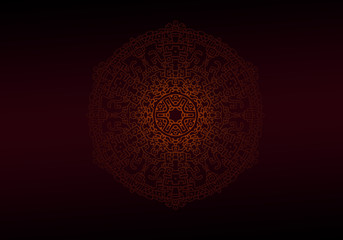 Vintage greeting card on a dark red background. Mandala. Great for invitation, flyer, menu, brochure, postcard, wallpaper, decoration, or any desired idea.