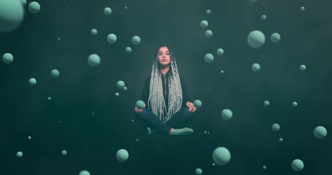 Girl with dreadlocks sitting in lotus position. Surreal 3d animation.