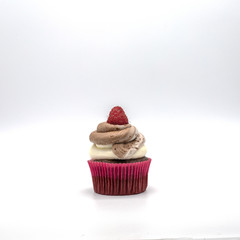 chocolate cupcake with frosting and raspberry garnish