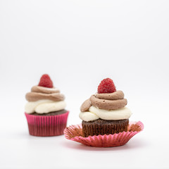 chocolate cupcake with frosting and raspberry garnish