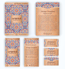 Set of vector corporate identity template with floral mandala pattern and ornaments. Luxury gold oriental layout for brochure, flyer, booklet, invitation, business cards