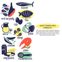 Hand drawn Omega 3 fatty acids food sources: salmon mackerel, oysters, shrimps, olive oil, chia and flax seeds, edamame, tuna. Vector illustration is for pharmacological or medical poster, brochure.