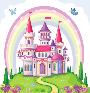 Fototapeta Fairy-tale castle for Princess, magic kingdom. Vintage Palace and beautiful flower meadow with rainbow. Wonderland. Children cartoon illustration. Romantic story. Vector. 