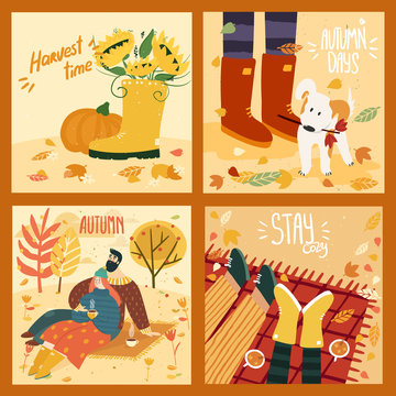 Happy cute couple on autumn background with leaves and trees, gumboots and pumpkin, cute dog in leaves, couple on plaid with mulled wine. Illustration is for your card, poster, flyer.