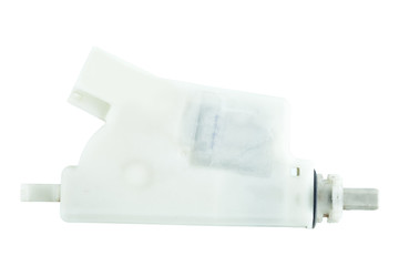 Fuel door lock actuator with electric connector, the car spare part isolated on a white background unlable mock up.