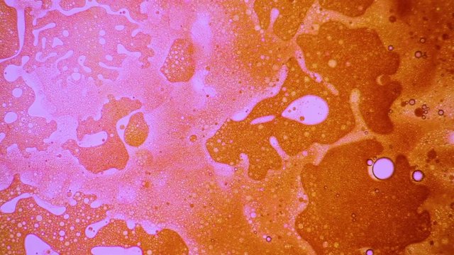 Fantastic structure of golden bubbles. Scientific experiment, chemical reactions. Chaotic motion, bubble flow expansion, curlicue of paints. Psychedelic liquid light show, ink patterns in water + oil.