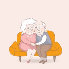 Elderly couple sitting in an embrace on the couch.Vector illustration in a cartoon style.