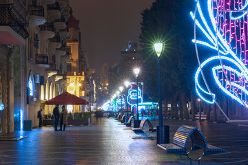 The central street decorated with New Year's garlands in Baku