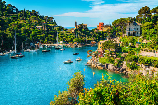 Mediterranean cityscape with spectacular harbor, Portofino, Liguria, Italy, Europe