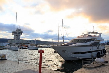 Ships and yachts in the sea port of Varna (Bulgaria) in the evening. Walk 29 February 2019.