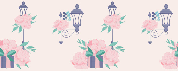 horizontal border with gifts and street lamps