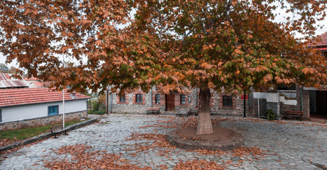 November 2nd 2019 - Kratero village, Greece - View to the central plaza of Kratero village, Florina, Greece, with a giant plane tree and the old elementary school building made of stone