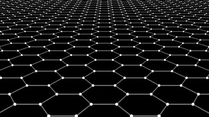 Vector perspective grid of hexagons. Detailed lines and dots on black background.