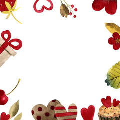 Hand drawn illustration. Template with hearts, strawberry, leaves, flowers, gift Watercolor lor illustration